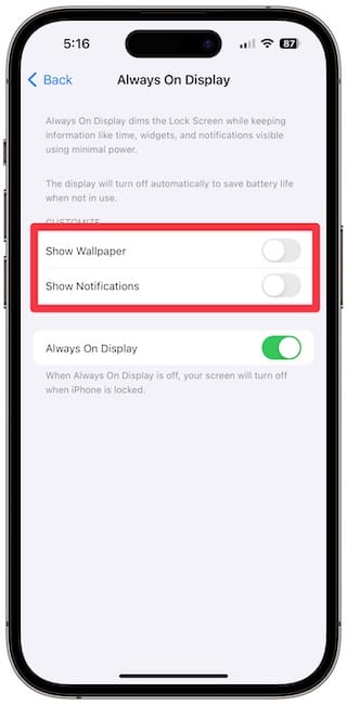 Turning off toggle for Notification
