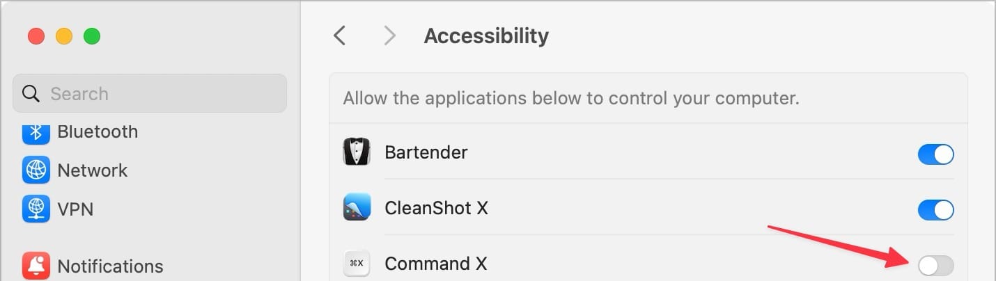 Command X accessibility settings