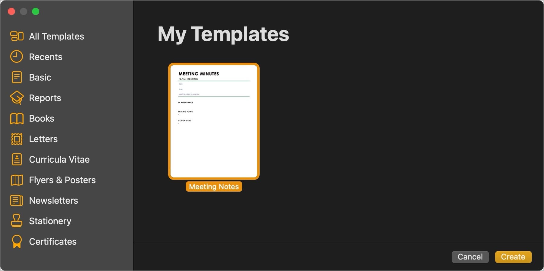 My template section in pages document