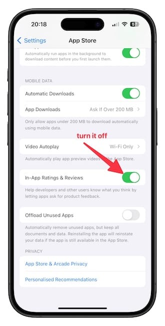 Turning off toggle for in-app ratings and reviews