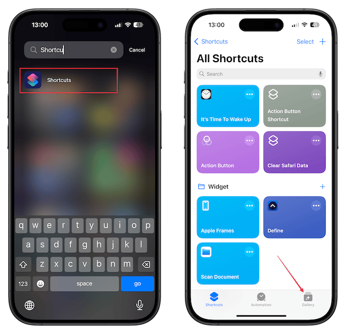 Opening Gallery section in Shortcuts app