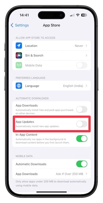 turning off toggle for App Updates