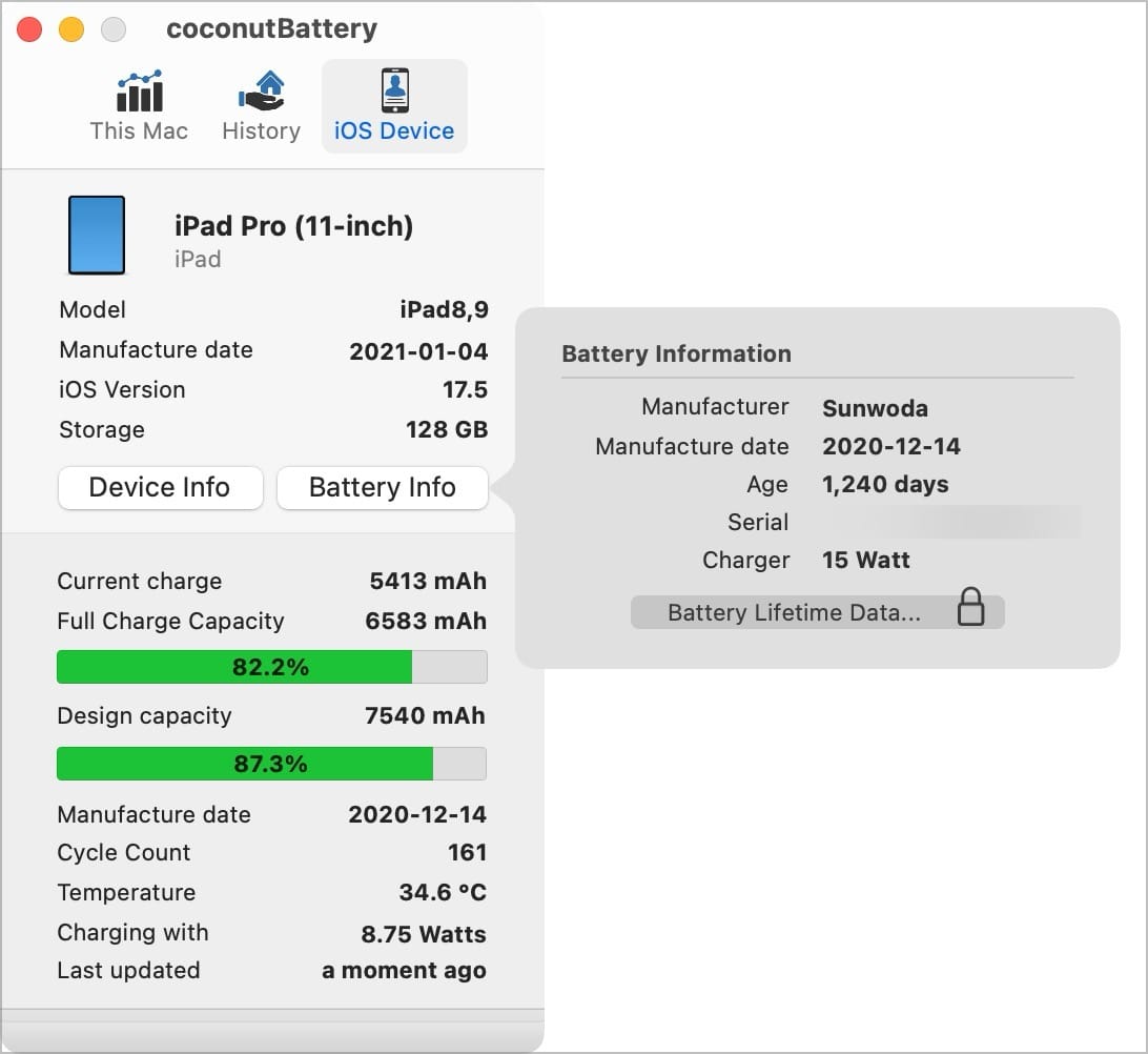 coconutBattery 3 app showing iPad battery health