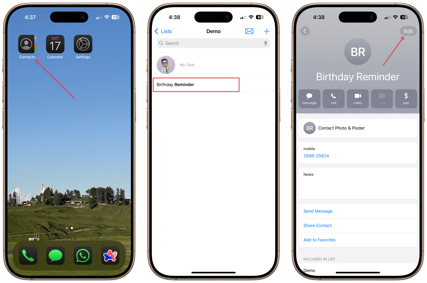 screenshots showing a contact in Apple contacts app
