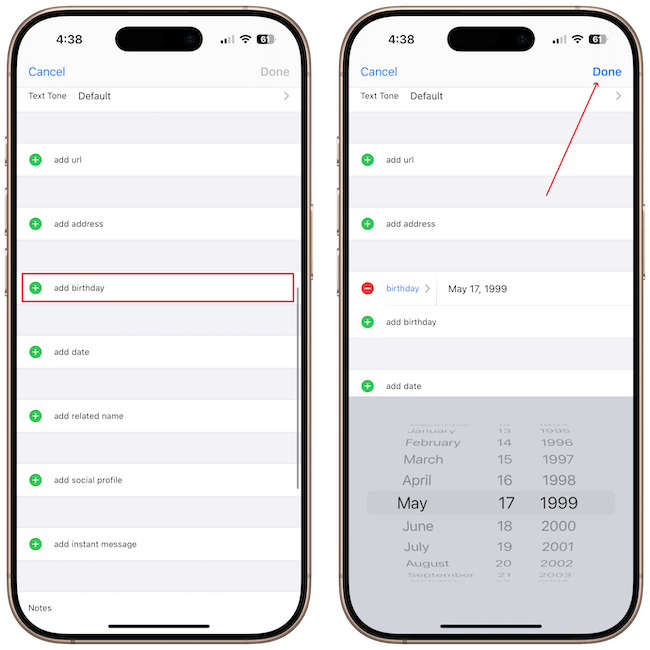 screenshots showing add birthday section