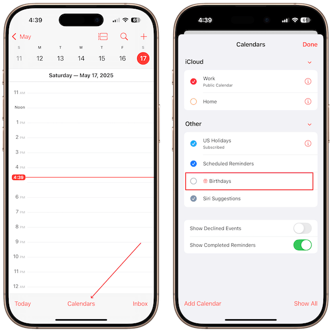 screenshots showing calendars button and Birthdays calendar option