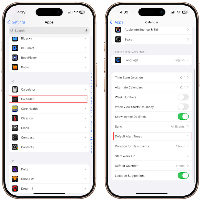 screenshots showing calendar app settings