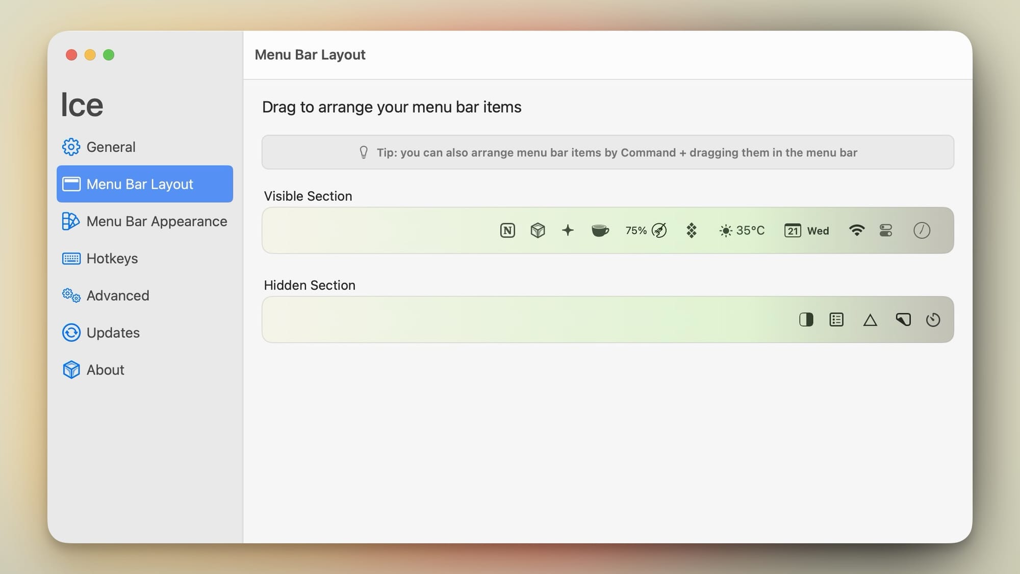 Screenshot showing Ice app customization option