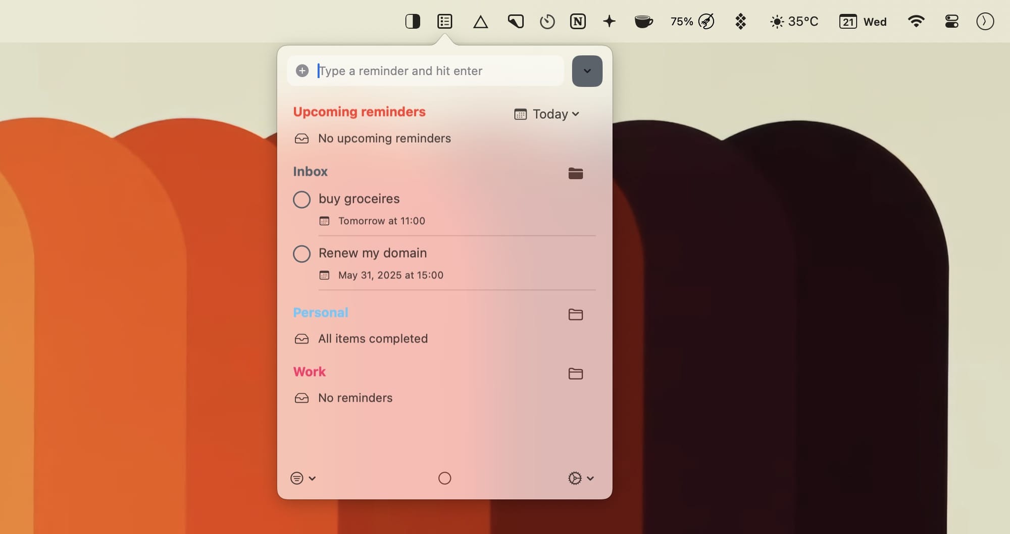 Screenshot showing Reminders Menu Bar App