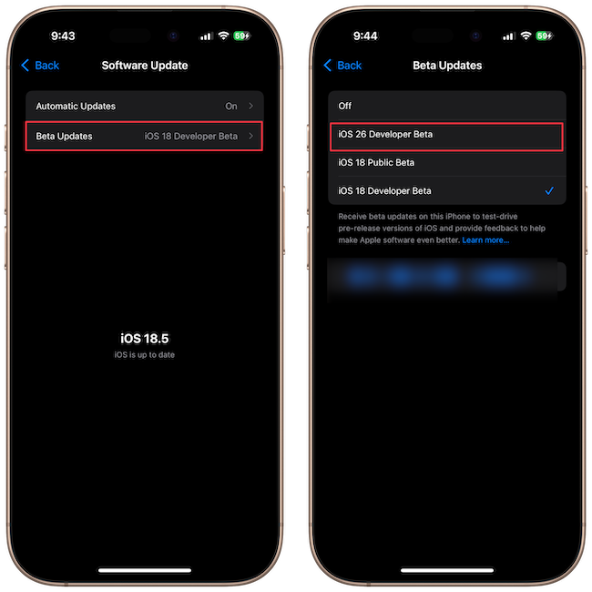 Selecting iOS 26 Developer Beta