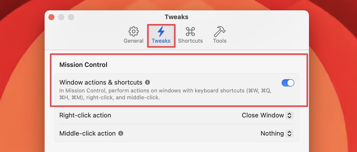 Supercharge tweak to enable App window actions in Mission Control