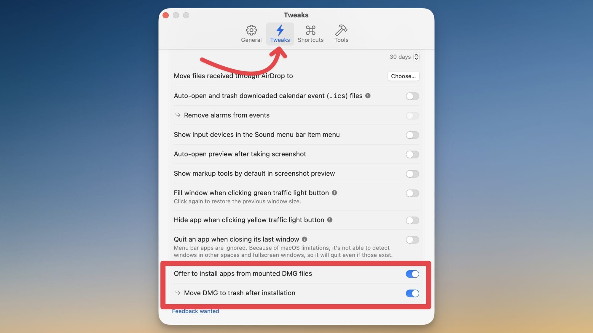 supercharge tweaks page showing install apps from dmg option