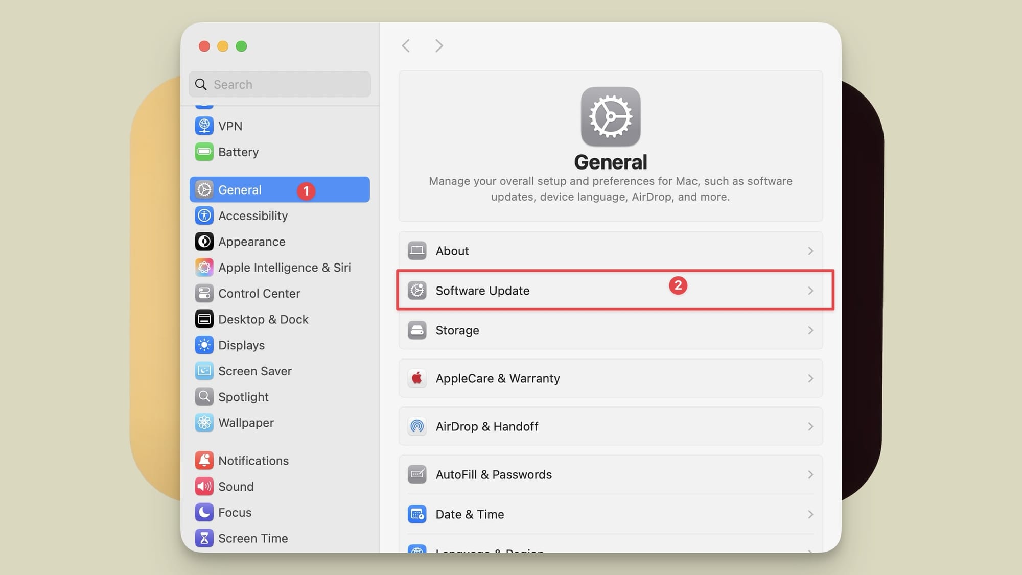 General settings option showing software update setting