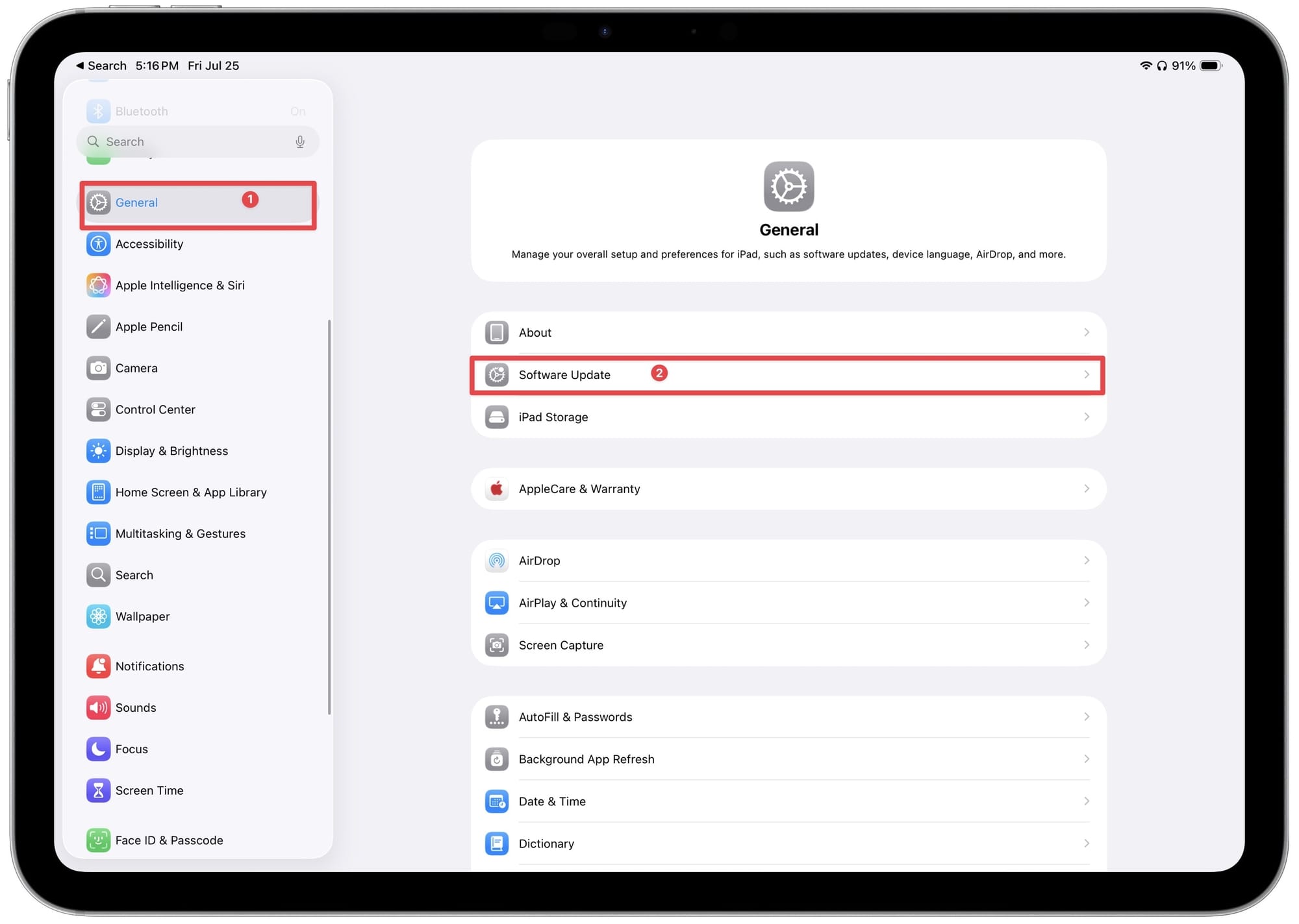 Opening software update setting in iPadOS 26