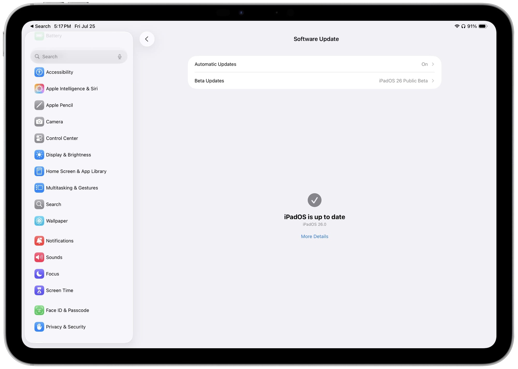 iPadOS 26 Public Beta update setting