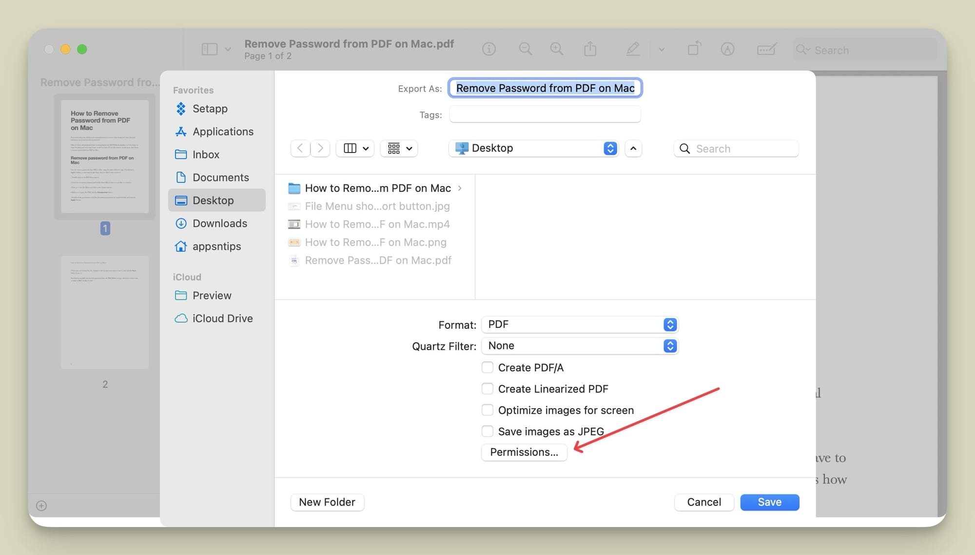 screenshot showing Permissions button