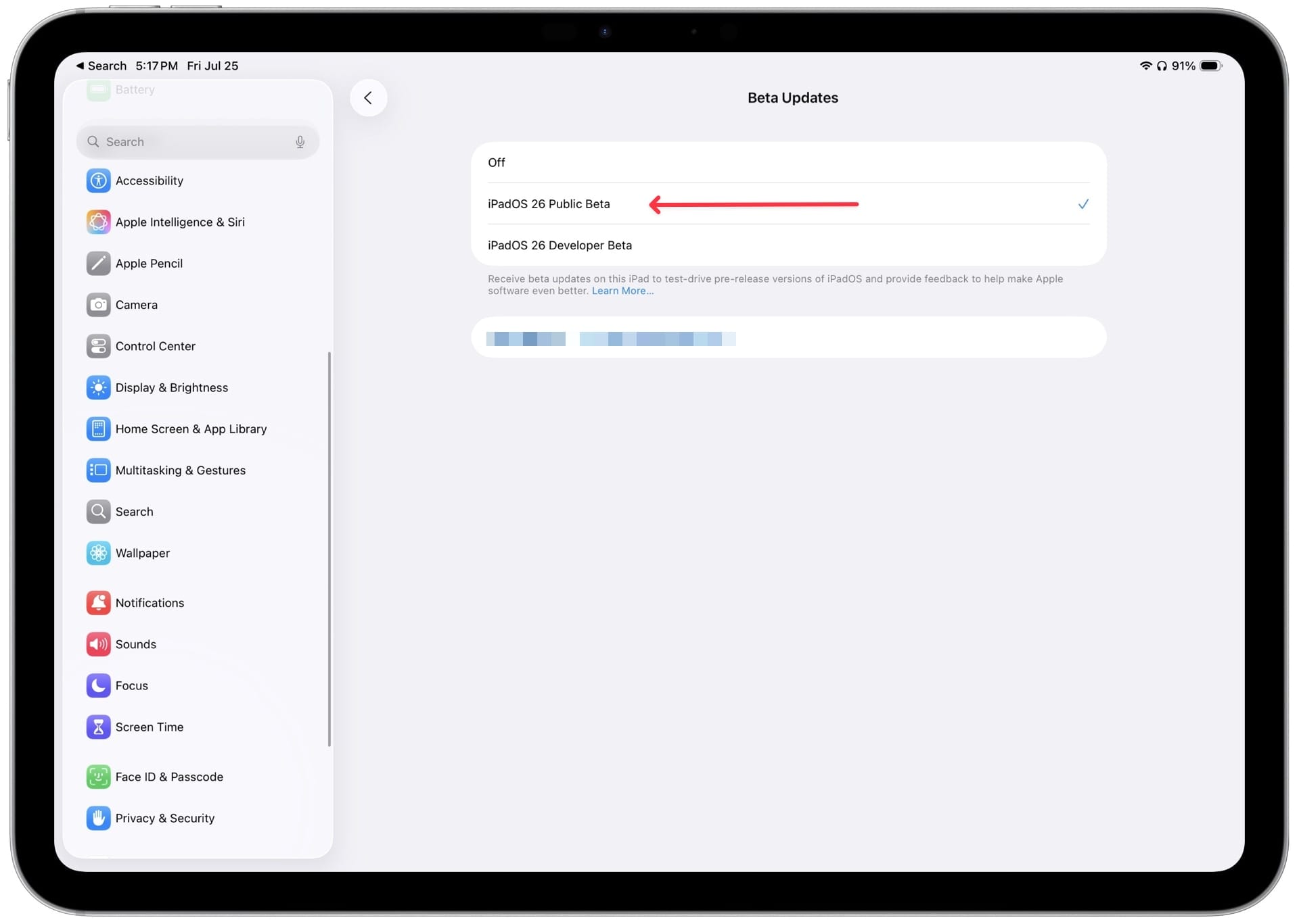 selecting iPadOS 26 Public Beta option