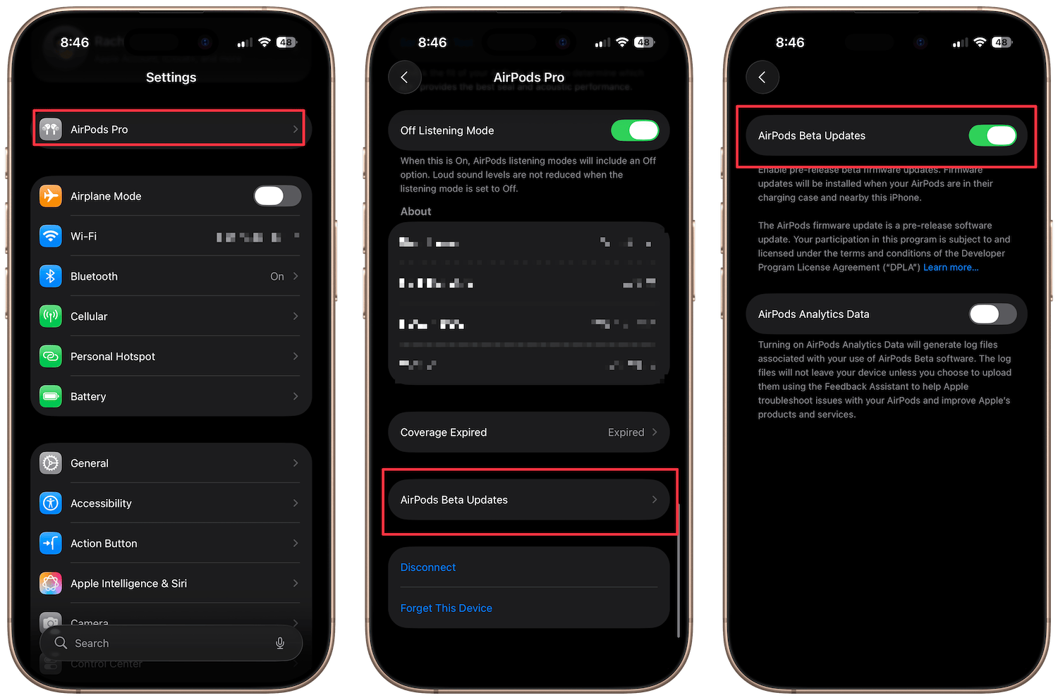 Screenshot showing steps to enable beta updates for AirPods