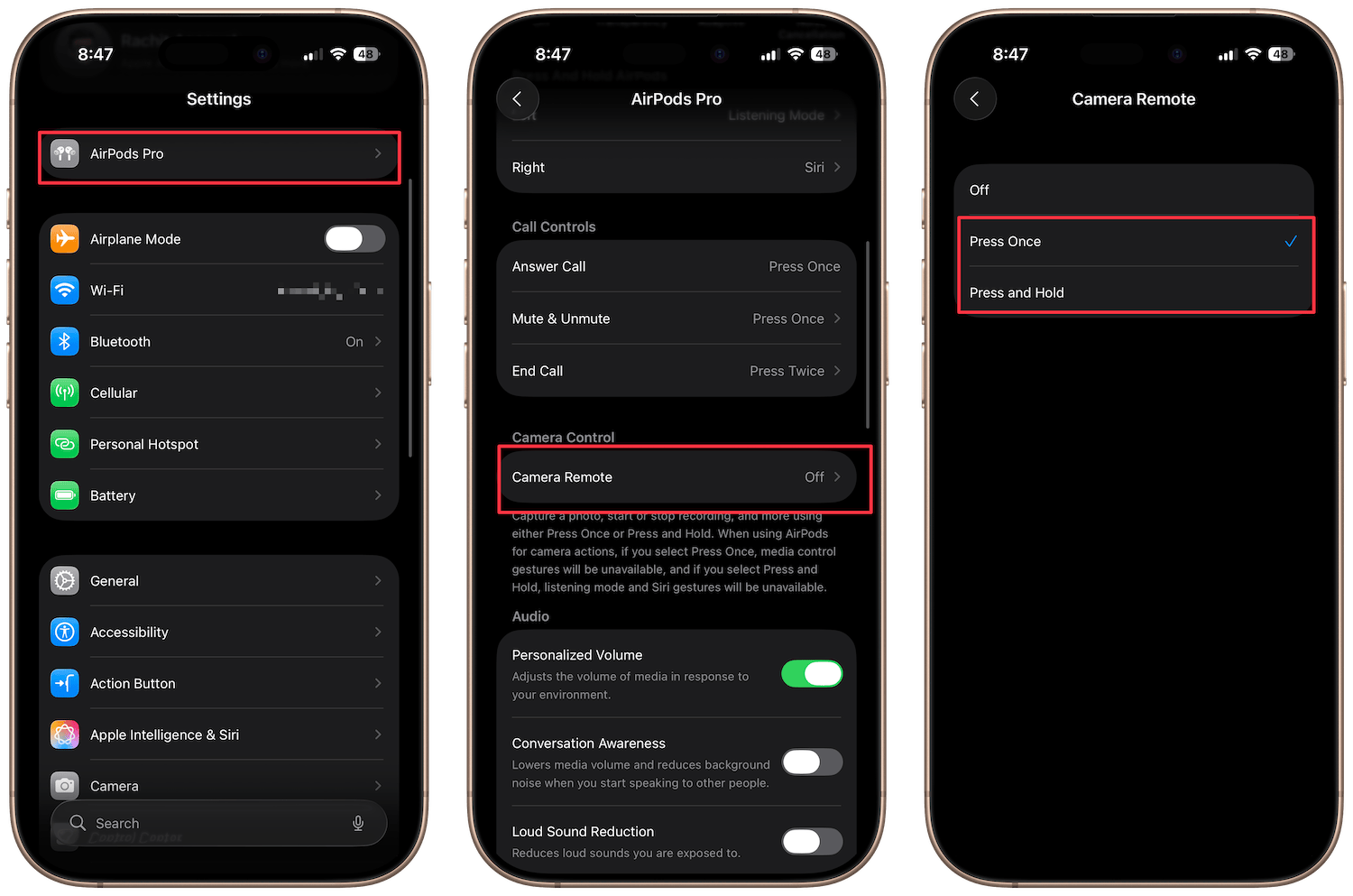 Screenshot showing steps to enable camera remote function on AirPods