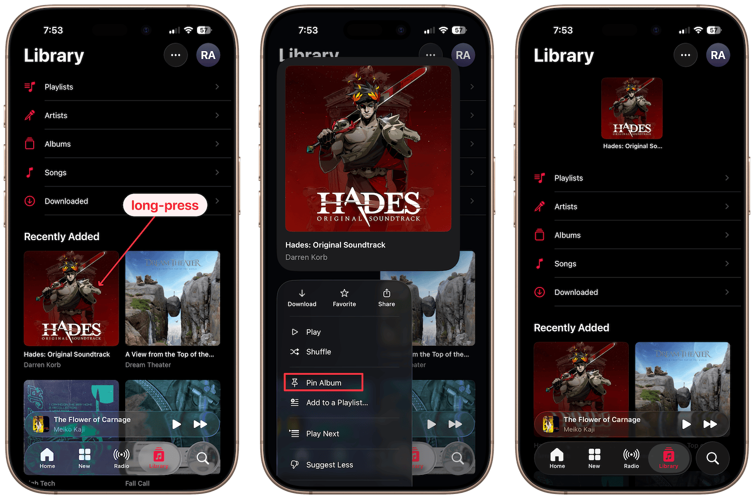 screneshot showing how to pin music in apple music