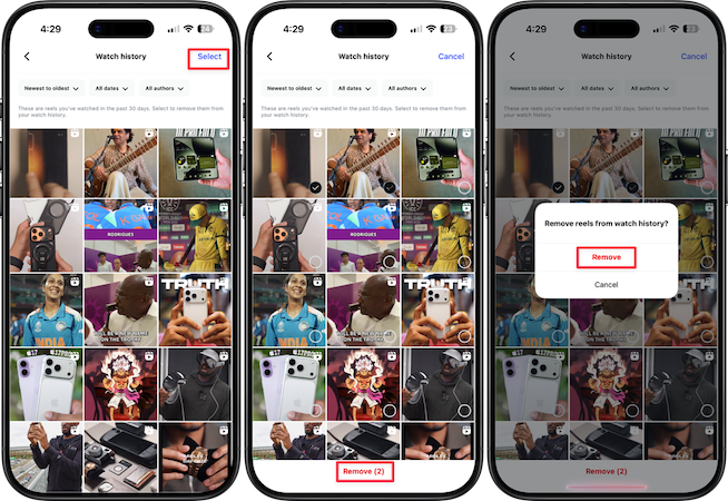 Deleting reels from watch history