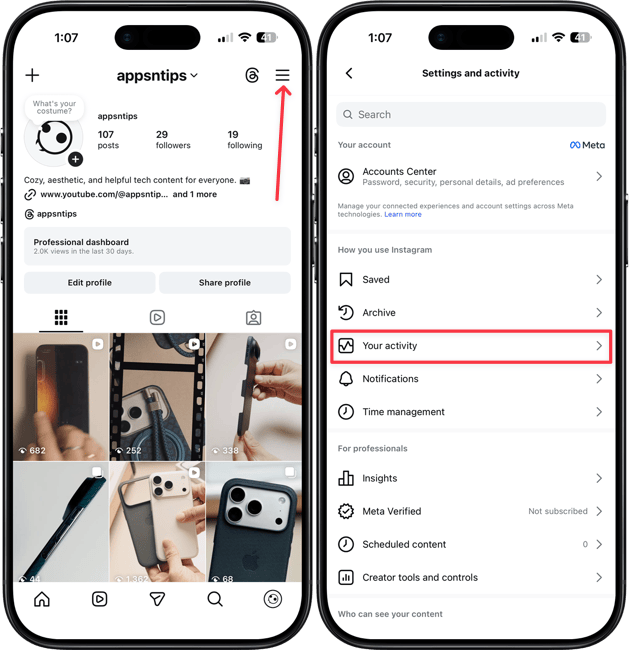 Opening Your activity section in Instagram