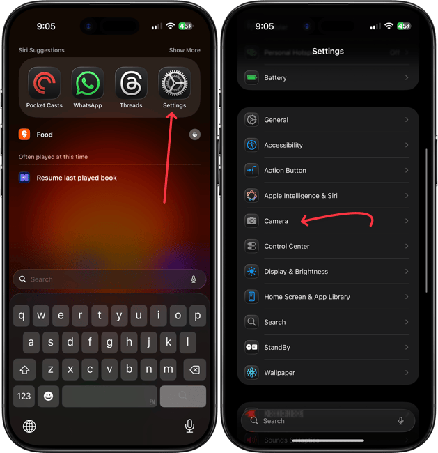 opening camera settings on iPhone