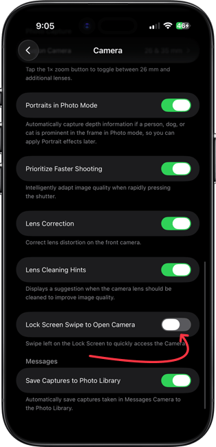screenshot showing Lock Screen Swipe to Open Camera