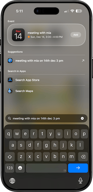 Create calendar events from Spotlight