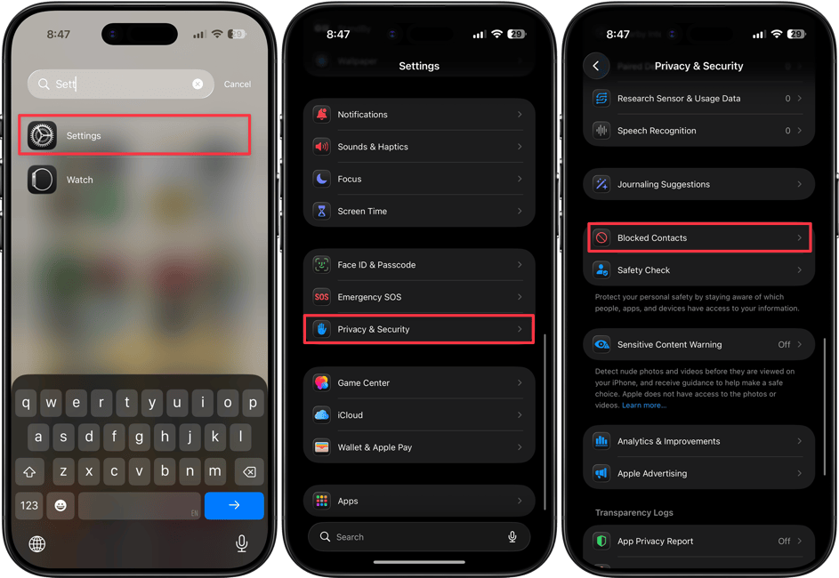 Opening block contact settings