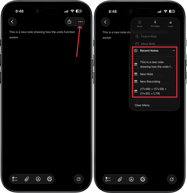Opening recent notes in Apple Notes