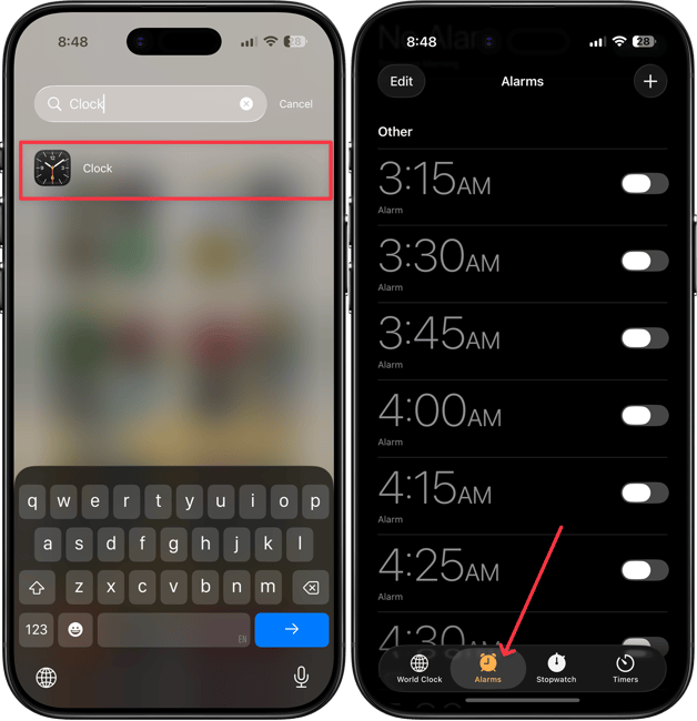 opening an alarm in clock app