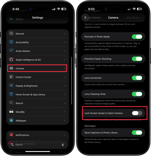 turning off swipe to open camera feature on iphone