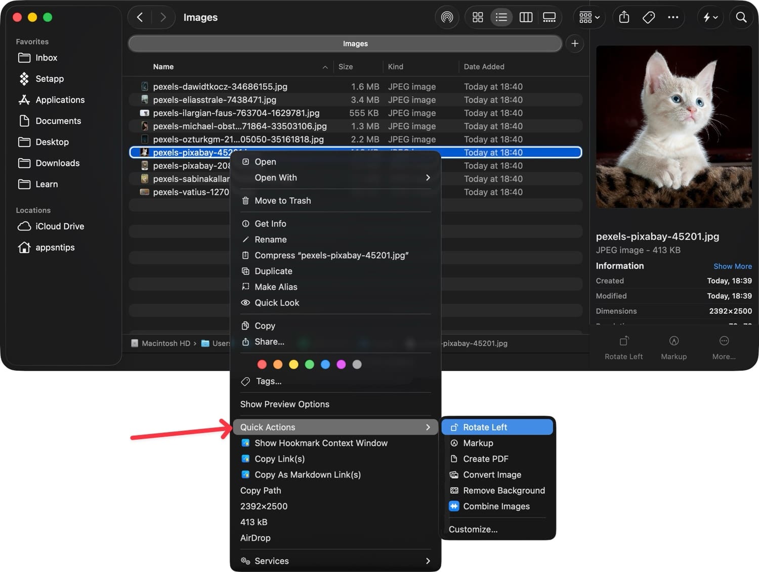 Photo editing options in right-click quick actions menu