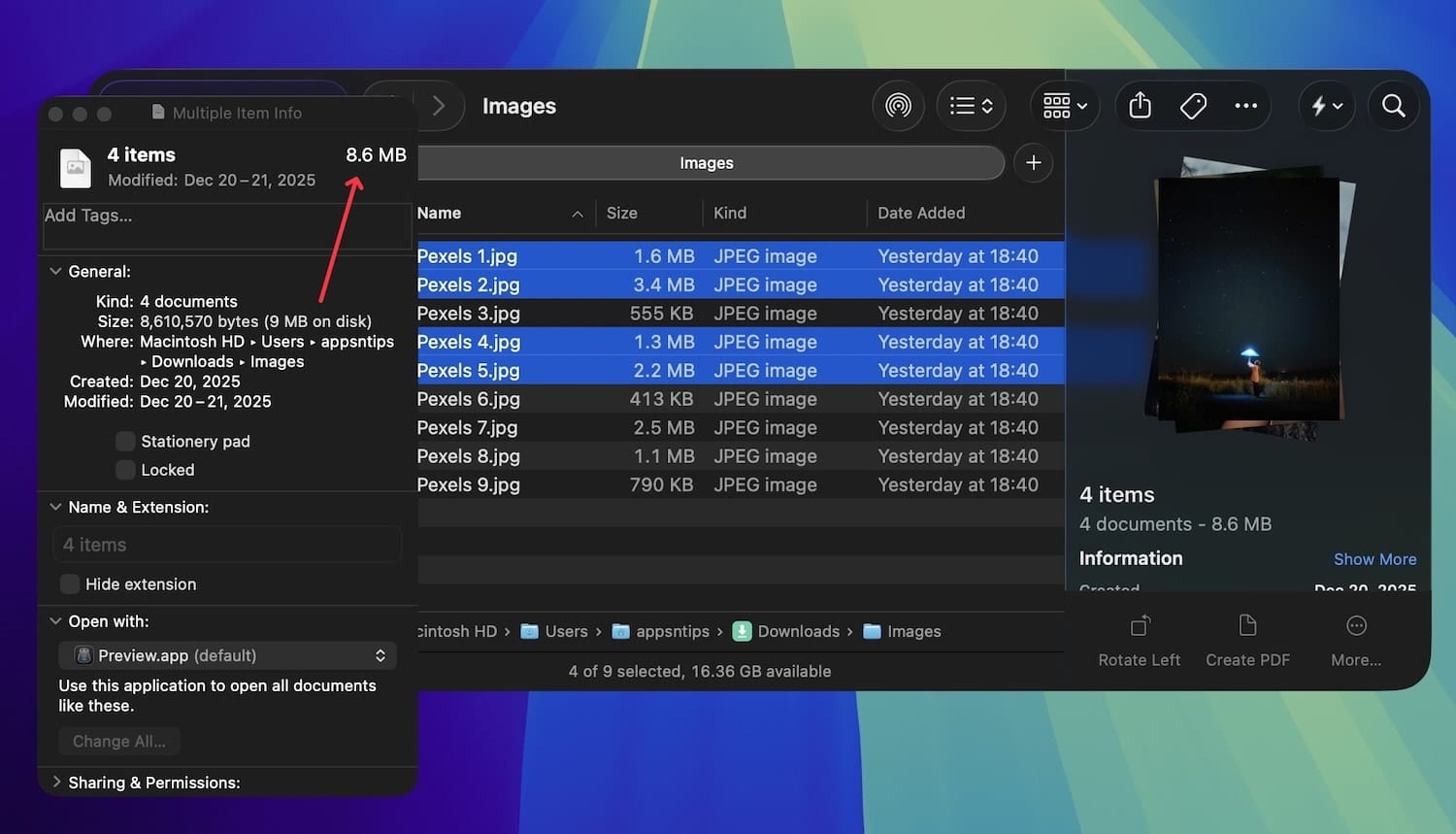 Show Inspector button showing size of all selected files