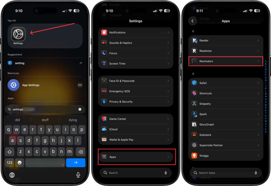 opening reminders settings