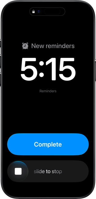 reminders alarm showing the complete button