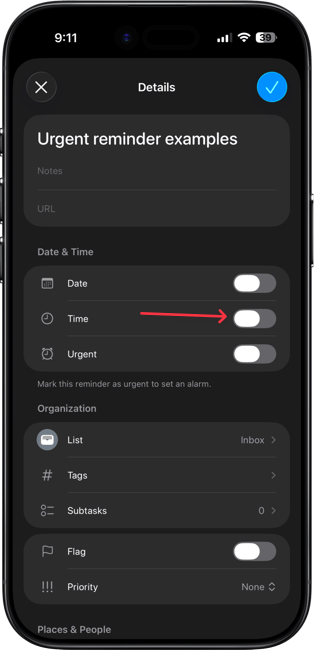 turning on the time toggle