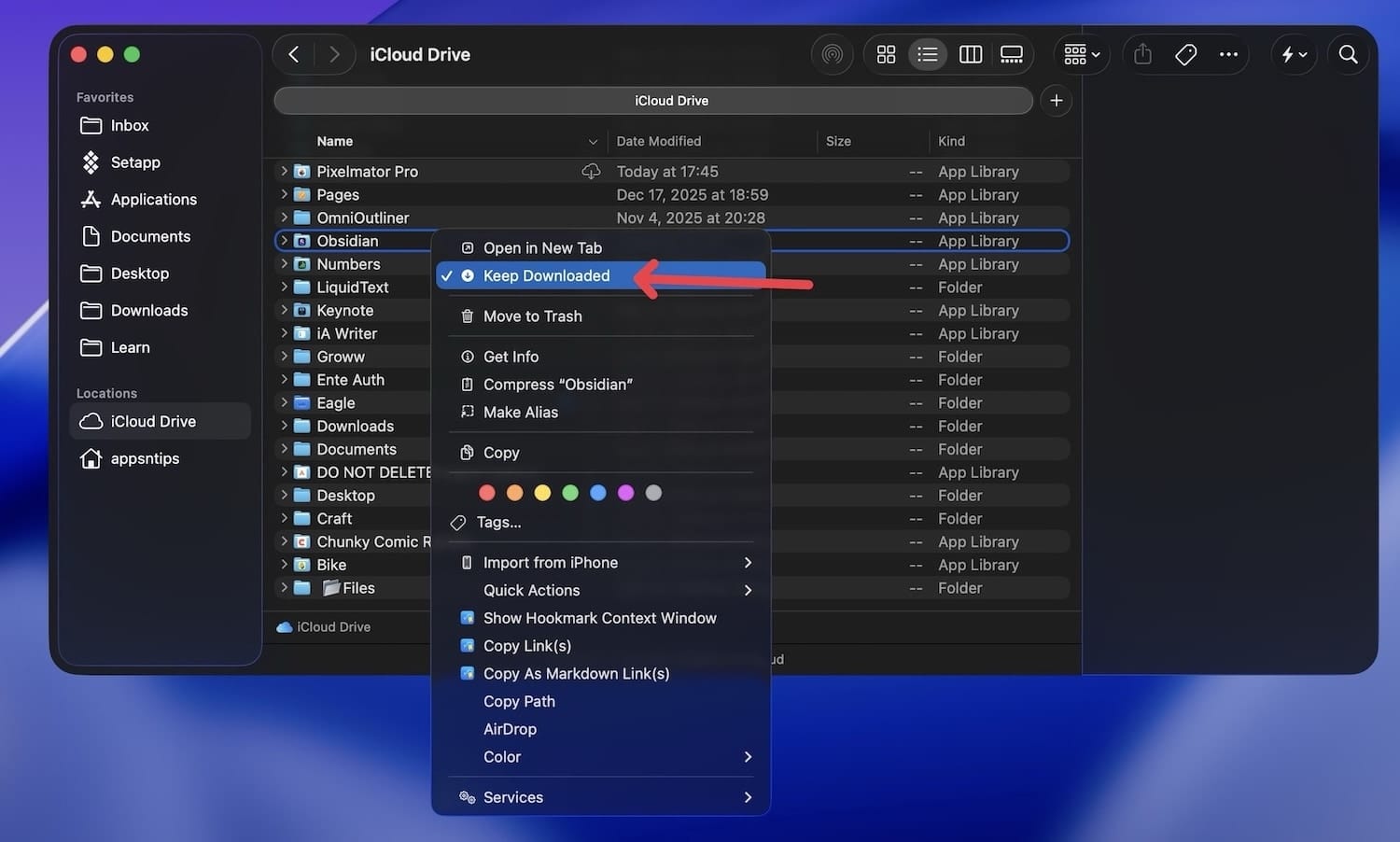 using keep downloaded option in iCloud Drive