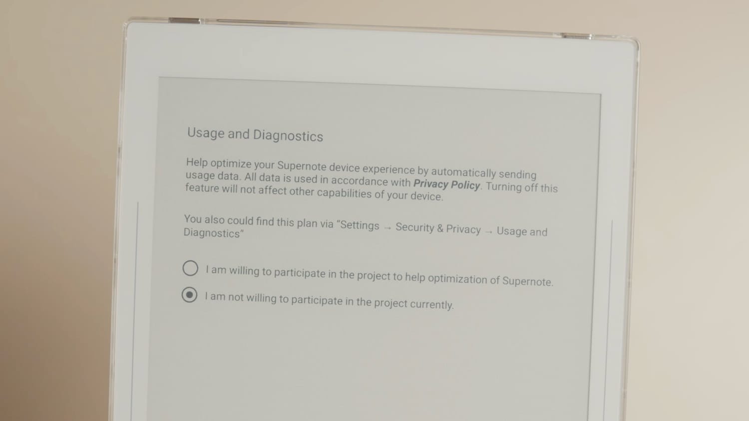 Supernote nomad set up diagnostic sharing screen