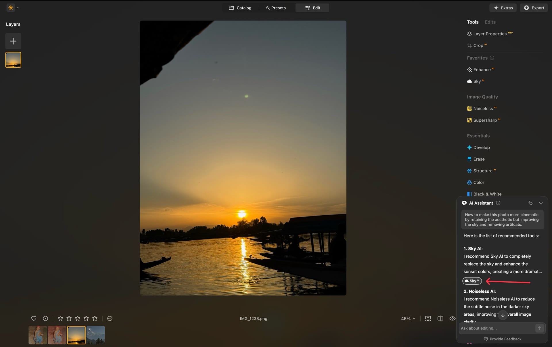 AI assistnat in Luminar Neo commands to photo edit suggestions