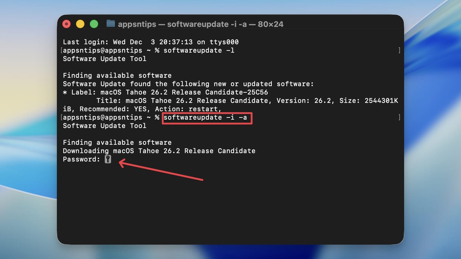 running software update download command in terminal
