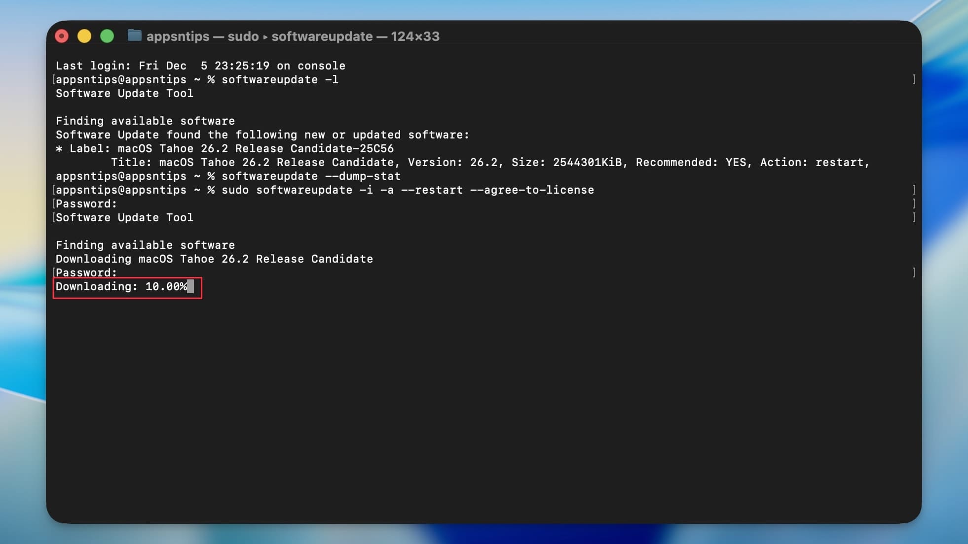 terminal downloading macOS software update
