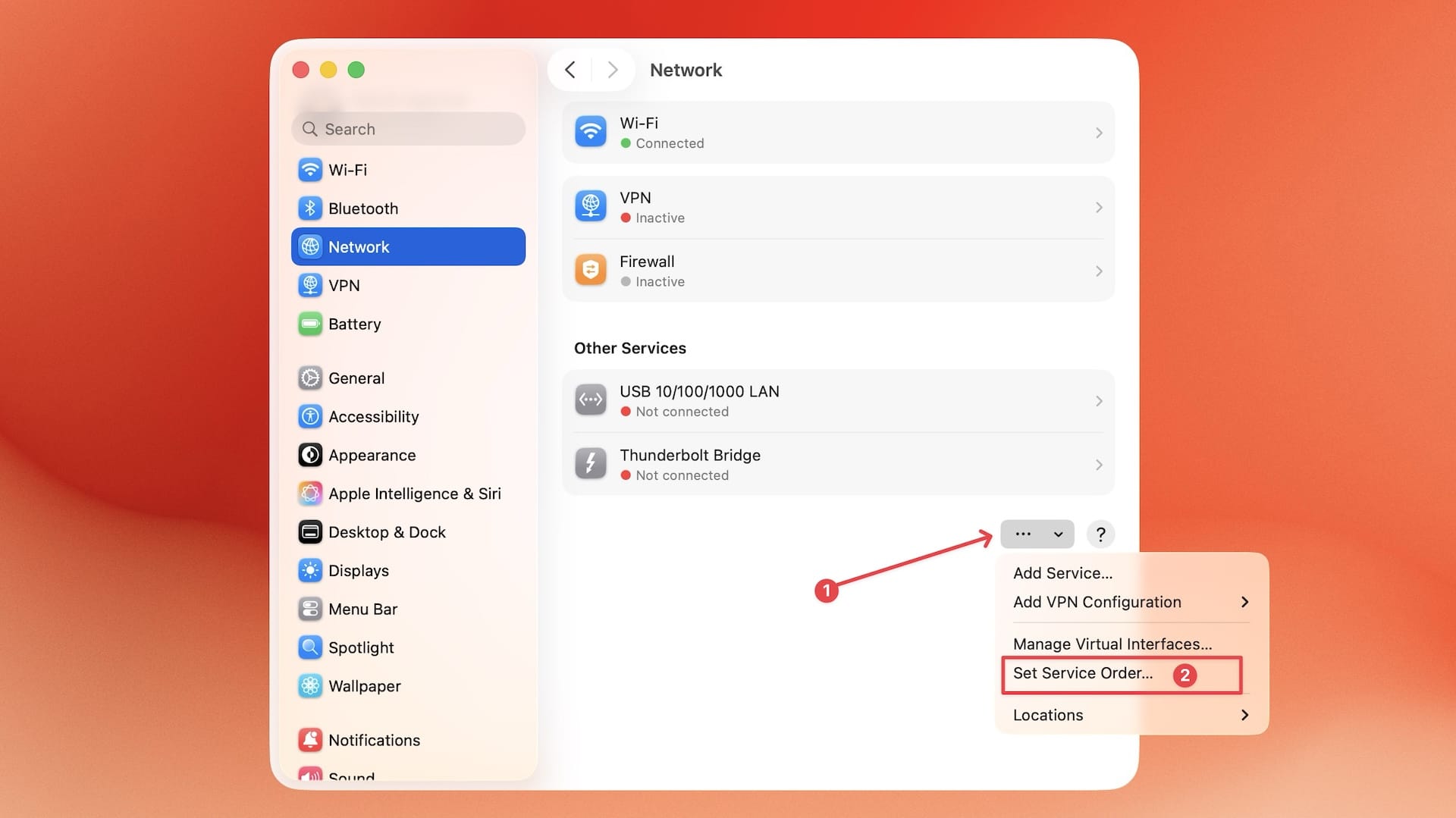 Opening set service order settings