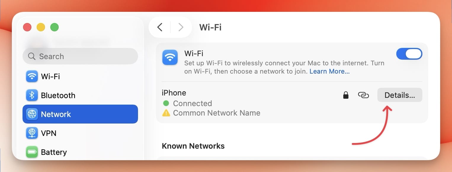 system setting screenshot showing wifi settings details button