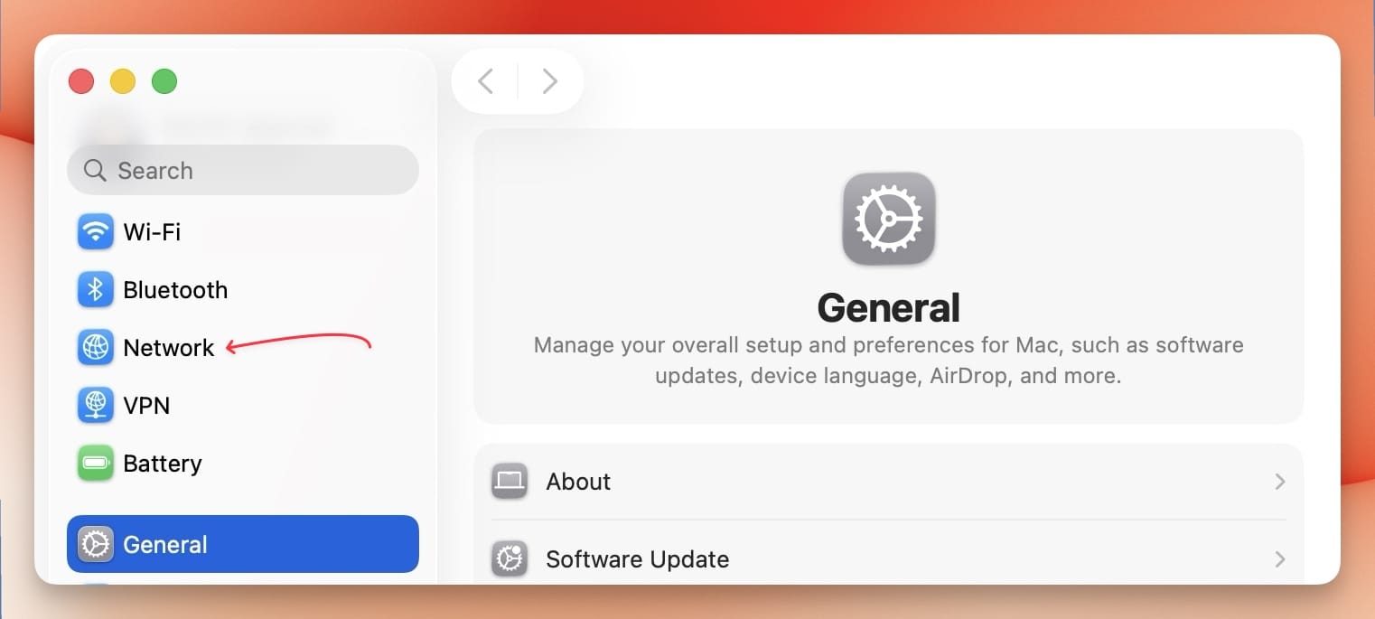 system setting screenshot showing Network setting