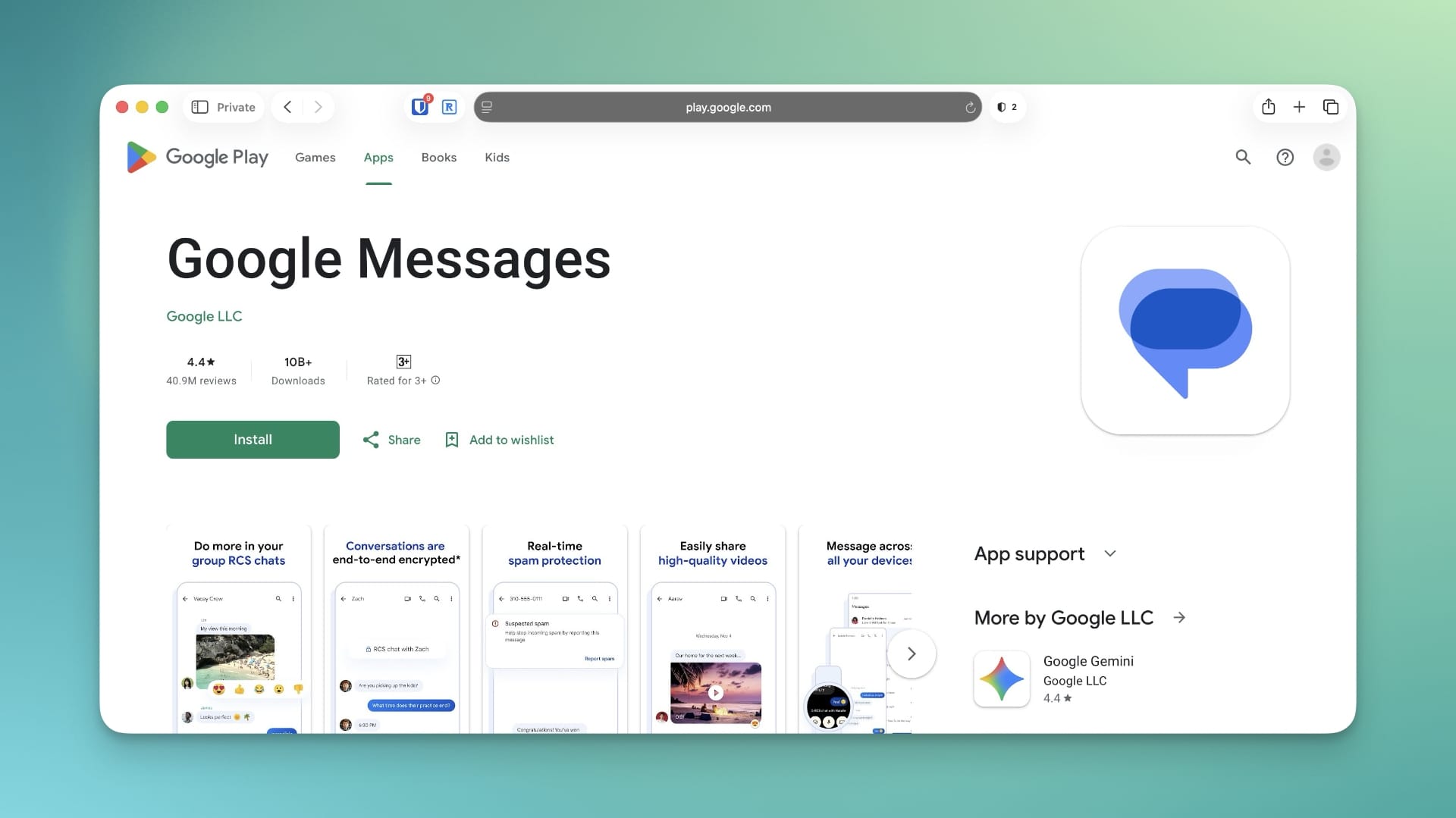 Google Messages app store listing