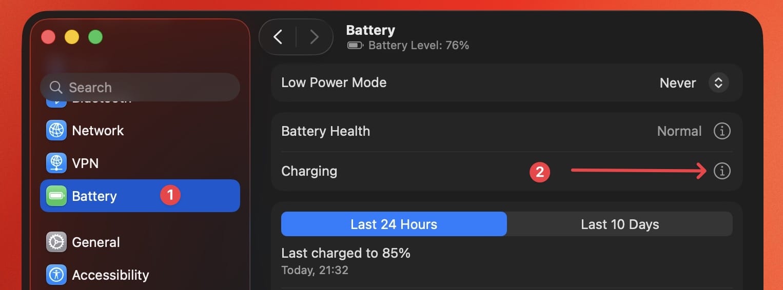 Opening the charging settings