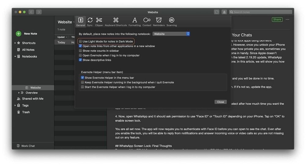 How to Turn off Dark Mode in Evernote on macOS Mojave | appsntips