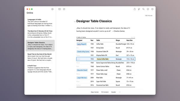 Screenshot of Ulysses showing tables feature